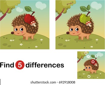 Find differences education game for children, hedgehog in the nature. Vector illustration.