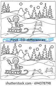 Find differences, education game for children. Winter theme.  Black and white, vector illustration.