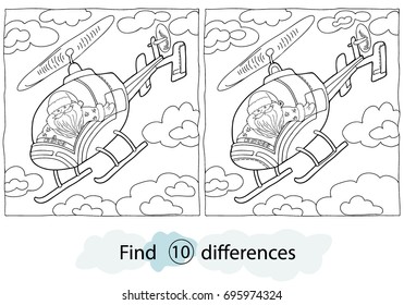 Find differences, education game for children. Winter theme. Santa in the helicopter. Coloring, black and white, vector illustration.