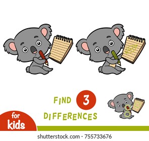 Find differences, education game for children, Koala and notebook