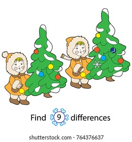 Find differences, education game for children.  Girl and Christmas tree. Hand drawn.Coloring vector illustration.