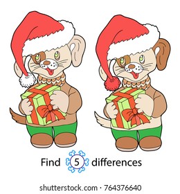 Find differences, education game for children.  Puppy with a gift. Coloring vector illustration.