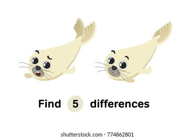 Find Differences Education Game for Children. Baby Seal. Cartoon Style Vector Illustration