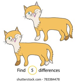 Find differences, education game for children.  Funny red cat. Colored Vector illustration.
