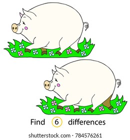 Find differences, education game for children.  A merry pig.  Colored Vector illustration.