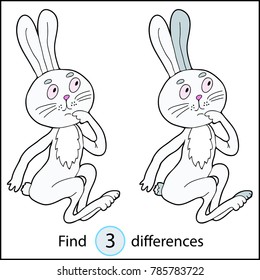 Find differences, education game for children.  Thoughtful hare.  Colored Vector illustration.