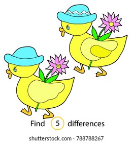 Find differences, education game for children.   Duckling with a flower.  The hand is drawn. Colored Vector illustration.