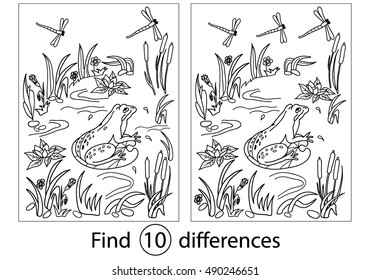 Find differences, education game for children.Frog. Coloring, black and white, vector illustration.