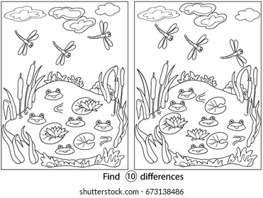 Find differences, education game for children.Frog. Coloring, black and white, vector illustration.