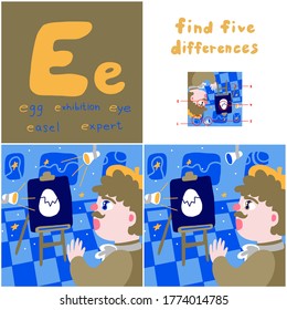 Find differences, education game for children.Vector drawing. Detective. Alphabet letter E