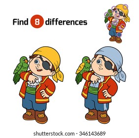 Find differences, education game: pirate boy and parrot