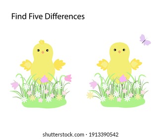 Find the differences educational activity for children, Easter chicken educational game, simple cartoon farm animal vector illustration worksheet