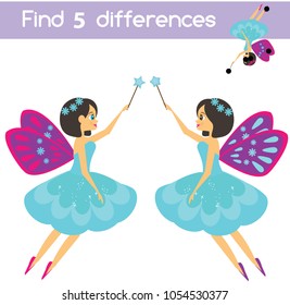 Find the differences educational children game with answer. Kids activity sheet. Beautiful flying fairy