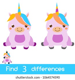 Find the differences educational children game with answer. Kids activity sheet with cute unicorn. Fantasy animals theme