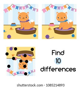 Find the differences educational children game with answer. Kids activity sheet with cat