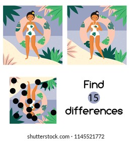 Find the differences educational children game with answer. Summer girl on beach