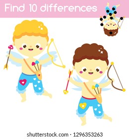 Find the differences. Educational children game. Kids activity fun page. cute Cupid boy. St Valentines day theme fun for toddlers.