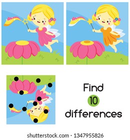 Find the differences. Educational children game. Activity for pre school years kids. Cute fairy fly above flower