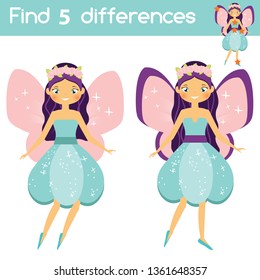Find the differences. Educational children game. Activity for pre school years kids. Cute fairy princess