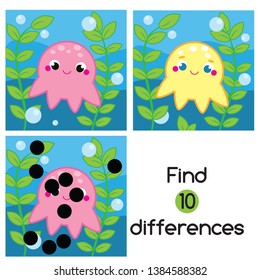 Find the differences. Educational children game. Activity for pre school years kids. Cute little octopus