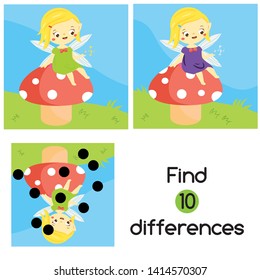 Find the differences. Educational children game. Activity for pre school years kids. Cute fairy sit on mushroom