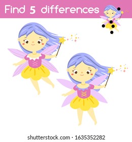 Find the differences educational children game with answer. Kids activity with elf fairy girl