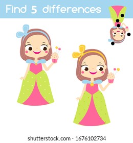 Find the differences educational children game with answer. Kids activity with sweet princess girl