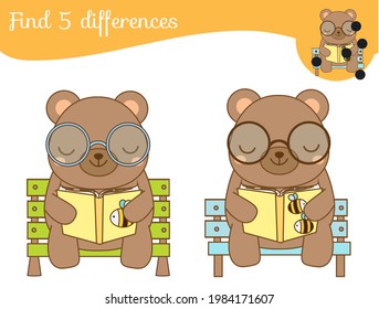 Encuentra las diferencias en el juego de niños educacionales. Actividad infantil con oso de lectura de caricaturas
