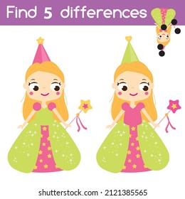 Find the differences educational children game with answer. Kids activity with fairy princess girl