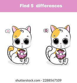 Find the differences educational children game. Kids activity sheet with cat donut.