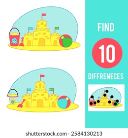 Find the differences educational children game with answer. Kids activity with sand castle. summer holidays theme game