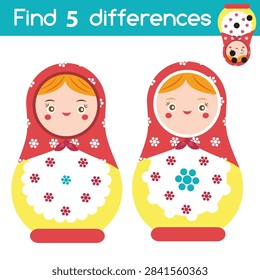 Find the differences educational children game with answer. Kids activity with matreshka russian nesting doll