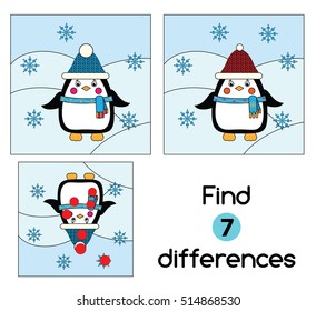 Find the differences educational children game with answer. Kids activity sheet with winter scene and penguin