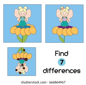 Find the differences educational children game with answer. Kids activity sheet. Vector illustration with fairy
