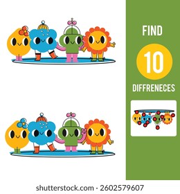 Find the differences educational game with answer. Kids activity with funny cartoon characters