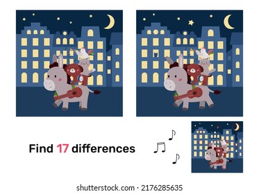 Find differences. Educational game with Bremen town musicians characters. Kawaii cartoon animals. Classical fairy tale. Puzzle for kids. Vector illustration.