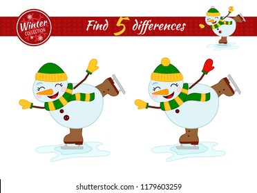 Find differences.  Educational game for children. Cartoon vector illustration. Christmas collection. Cartoon snowman skating.
