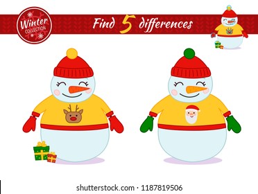 Find differences.  Educational game for children. Cartoon vector illustration. Cute cartoon snowman.