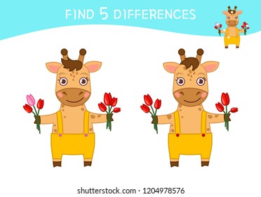 Find differences.  Educational game for children. Cartoon vector illustration cute giraffe.