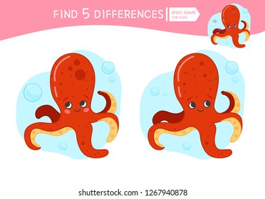 Find differences.  Educational game for children. Cartoon vector illustration of octopus.