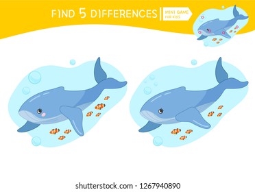 Find differences.  Educational game for children. Cartoon vector illustration of whale.