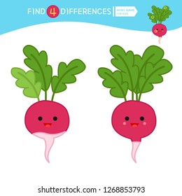 Find differences.  Educational game for children. Cartoon vector illustration of cute radish.