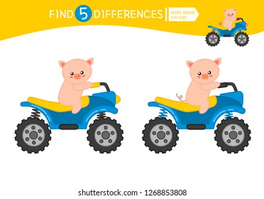 Find differences.  Educational game for children. Cartoon vector illustration of cute pig on an quad bike.