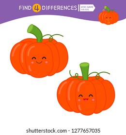 Find differences.  Educational game for children. Cartoon vector illustration. Cartoon cute pumpkin.