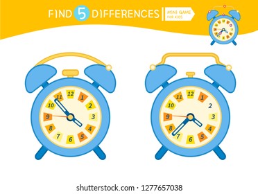 Find differences.  Educational game for children. Cartoon vector illustration. Cartoon alarm clock.