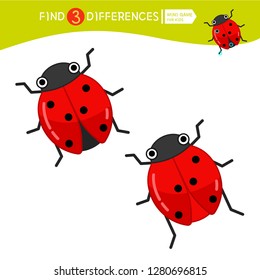 Find differences.  Educational game for children. Cartoon vector illustration of cute ladybug..