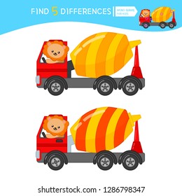 Find differences.  Educational game for children. Cartoon vector illustration of concrete mixer.