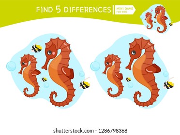 Find differences.  Educational game for children. Cartoon vector illustration of seahorse.