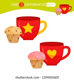 Find differences.  Educational game for children. Cartoon vector illustration of cup and muffin.