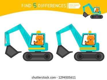 Find differences.  Educational game for children. Cartoon vector illustration of Fox in the excavatorю